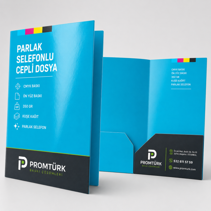 Parlak Selefonlu Cepli Dosya Baskı 350 gr Kuşe Ön Yüz Baskılı
